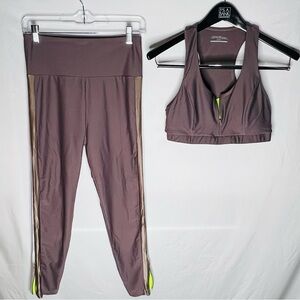 Lanston | Taupe Legging & Sports Bra | Size L | Contrast Stripe Neon Accent